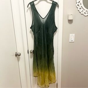 SOLD. Cynthia Ashby 100% Silk V-neck Sheer Slip Dress L Asymmetric Hem Green